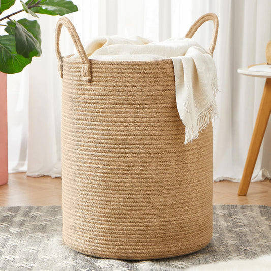 MOJOSCEND 62L Jute Woven Rope Laundry Basket Tall Hamper for Clothe Blanket Toy Organization in Living Room Luanry Room Bedroom Storage Basket for Baby Nursery Kids Large