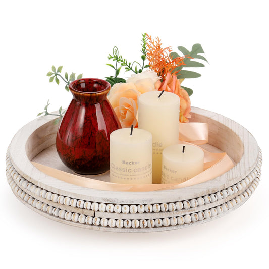 Okllen Lazy Susan Turntable Tray White Decorative Beaded Tray Round Wooden Tray Organizer Rustic Wooden Tray Decor Vintage Centerpiece for Kitchen Counter Coffee Table Farmbouse Serving Tray